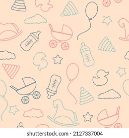 kids seamless pattern with baby objects contoured