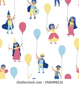Kids seamless pattern with balloons in carnival costumes. To participate in the holiday, young men and women dressed up in the costumes of heroes. Children's carnival. Flat vector illustration.