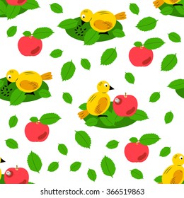 Kids seamless pattern . Birds and apples pattern fabric