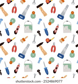 Kids seamless pattern for boys of various work tools such as hammer, saw, nails, pliers, screwdriver. Cartoon-style repairman motif for textiles, packaging, wallpaper