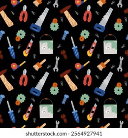 Kids seamless pattern for boys of various work tools such as hammer, saw, nails, pliers, screwdriver on dark background. Cartoon-style repairman motif for textiles, packaging, wallpaper