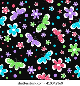 kids seamless pattern with bright flowers and butterfly on black background , vector illustration