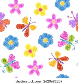 Kids seamless pattern of butterfly and flowers drawn with textured crayon or wax brush