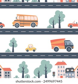 Kinder nahtlose Muster mit Auto, Bus und Straße. Perfekt für Stoff, Digitalpapier, Karten
