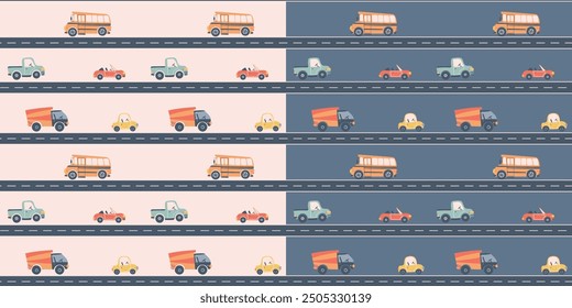 Kids seamless pattern with car, bus and road. Perfect for fabric , digital paper, cards