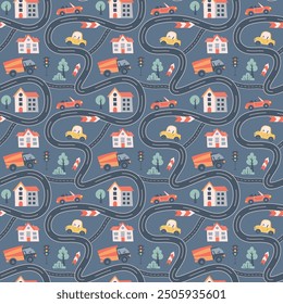 Kids seamless pattern with car, bus and road. Perfect for fabric , digital paper, cards