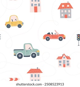 Kids seamless pattern with car, bus and road. Perfect for fabric , digital paper, cards