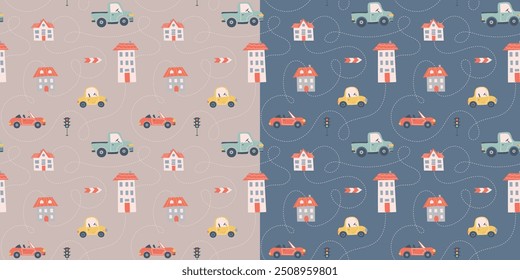 Kids seamless pattern with car, bus and road. Perfect for fabric , digital paper, cards