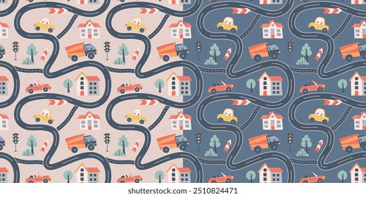 Kids seamless pattern with car, bus and road. Perfect for fabric , digital paper, cards