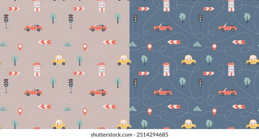 Kinder nahtlose Muster mit Auto, Bus und Straße. Perfekt für Stoff, Digitalpapier, Karten