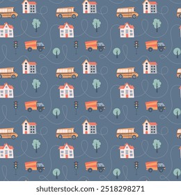 Kids seamless pattern with car, bus and road. Perfect for fabric , digital paper, cards