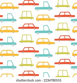 Kids seamless pattern with cars. Drawn pattern with cars and trucks. Vector illustration in scandinavian style. Childrens print.