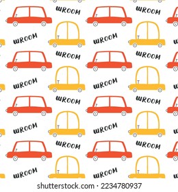 Kids seamless pattern with cars. Drawn pattern with cars wroom. Vector illustration in scandinavian style. Childrens print.