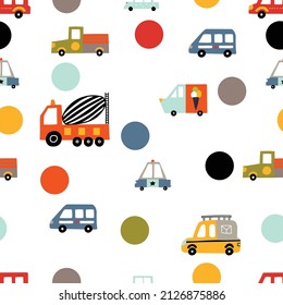 Kids seamless pattern with cars and polka dots  .Can be used in textile industry, paper, background, scrapbooking.Vector