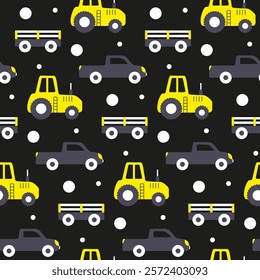 Kids seamless pattern with cars: tractor, pickup, trailer on black background. Dark fabric print of children's outerwear, demi-season jackets, coats, winter puffer boots. Contrasting vehicles for boys