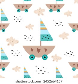 Kids seamless pattern in cartoon flat style. Baby digital paper. Scrapbook paper, print, background, fabric. Hand drawn vector pattern