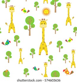 kids seamless pattern with cartoon giraffe, parrot, sun, baobab transparent background vector illustration
