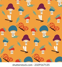 Kids seamless pattern with cartoon mushrooms on orange background. Vintage groovy elements mushrooms, dragonflies, butterflies in minimalistic style with facial expression. Perfect for kids textile