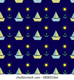 kids seamless pattern cartoon sailboat, boat, sun, anchor blue background vector illustration

