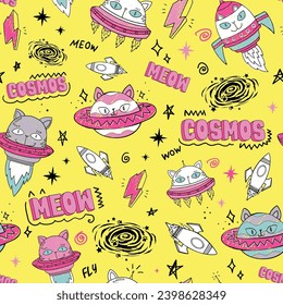 Kids seamless pattern with cats planets in universe. Space background with kittens cartoon character. Cat cosmonaut print for fabric, textiles, wrapping paper, web. Text Meow, cosmos. 80s 90s style