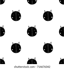 Kids seamless pattern with character cat for print, textile, card, poster, decor, wallpaper. Baby monochrome background.