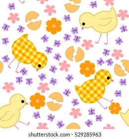 kids seamless pattern with chickens, flowers and butterflies,  quilt, patchwork.