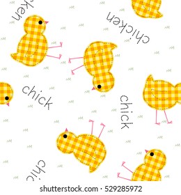 kids seamless pattern with chickens and inscriptions, quilt, patchwork, vector illustration