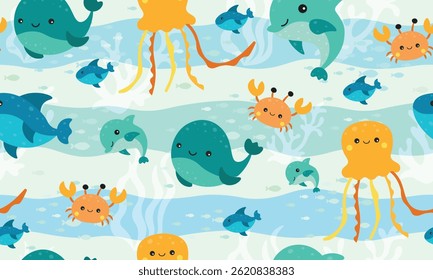 kids seamless pattern, Childish seamless pattern with underwater life. Perfect for kids bedding, fabric, wallpaper, wrapping paper, textile, t-shirt print., clothes, vector illustration