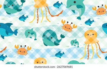 kids seamless pattern, Childish seamless pattern with underwater life. Perfect for kids bedding, fabric, wallpaper, wrapping paper, textile, t-shirt print., clothes, vector illustration, fish, check