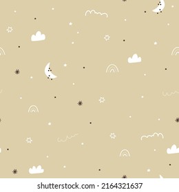 Kids seamless pattern with clouds, moon and stars