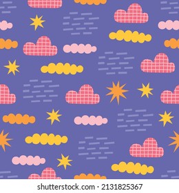Kinder nahtloses Muster mit Wolken und Sternen auf violettem Hintergrund. Perfekt für saisonale Grußkarten, Textilien, Textur. skandinavischer Stil