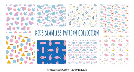 Colección de patrones impecable para niños. Gran conjunto de patrones de vectores repetidos abstractos del mar, el tiempo y el mar para los niños papel tapiz, tela, invitaciones a fiestas, scrapbooking y diseño de tarjetas 