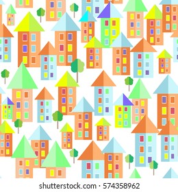 kids seamless pattern with colored houses, town, transparent background vector illustration