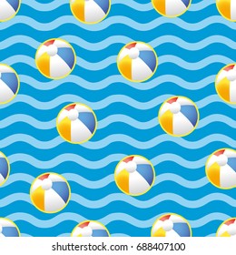 kids seamless pattern with colorful beach balls  on blue background with wavy strip. Baby pattern