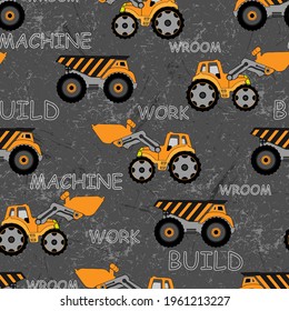 Kids seamless pattern with construction machines.