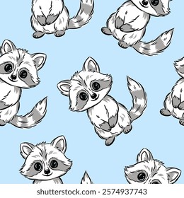 Kids seamless pattern cute adorable raccoons on a light blue background vector illustration