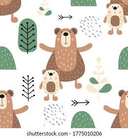 Kids seamless pattern with cute bears. Scandinavian childish texture for nursery design, wrapping paper, baby apparel, bedlinen. Vector illustration.