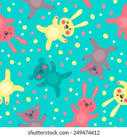 Kids seamless pattern with cute bears and hares. Vector illustration.