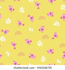 Kids seamless pattern with cute birds and flowers on a yellow background. Spring or summer background. Perfect for wrapping paper, posters, wallpaper, greeting cards.