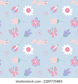 Niños Patrón de Seamless con lindas mariposas, gusanos y flores. Ilustración vectorial en estilo infantil simple