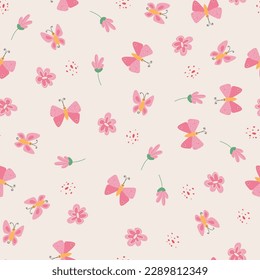 Kids Seamless pattern with cute butterflies and flowers. Vector illustration in simple childish style