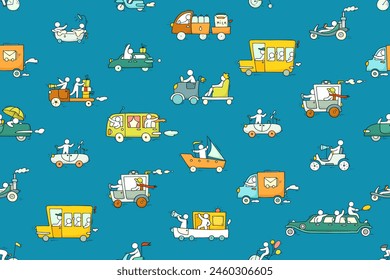 Kids seamless pattern with cute cars and transport. Baby boy print with funny trucks, cars, taxi, school bus, bicycle and boat with doodle drivers, vector sketch illustration