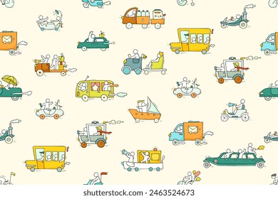 Patrón sin fisuras de los niños con coches lindos y transporte. Estampado de bebé niño con camiones divertidos, coches, taxi, autobús escolar, bicicleta y bote con doodle drivers, ilustración de boceto de Vector