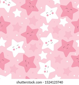 Kids seamless pattern with cute cartoon stars on pink background. For children's textiles and other printing. All items are available for editing. Vector graphics.