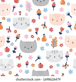Kids seamless pattern with cute cats. Funny animals on dark backdrop. Great for fabric and textile. Cute background. Vector illustration