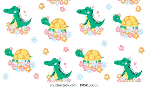 Kids seamless pattern with cute crocodile and turtle. Children wallpaper for playroom and bedroom.