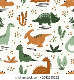 Kids seamless pattern with cute dinosaur vector clipart in scandinavian style. Digital paper, seamless background texture for textile, fabric, wallpaper