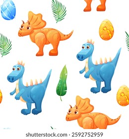 Kids seamless pattern with cute dinosaur character and tropical leaves