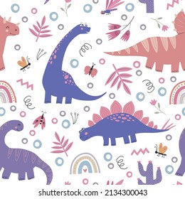 Kids seamless pattern of cute dinosaurs with tropical leaves and rainbow. Colorful vector childish background for fabric, textile