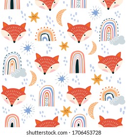 Kids seamless pattern with cute elements, fox and rainbow